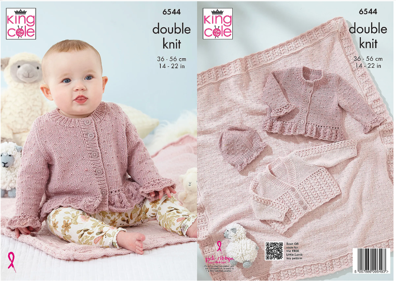 King Cole pattern 6544 Cardigans, Blanket and Hat knitted in DK
