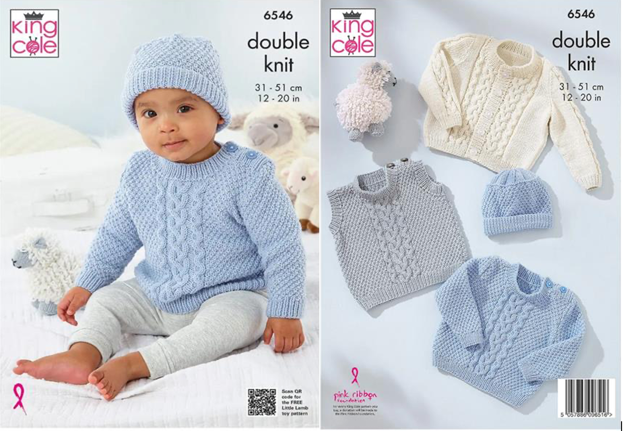 King Cole Pattern 6546 Slipover, Cardigan, Sweater and Hat knitted in DK
