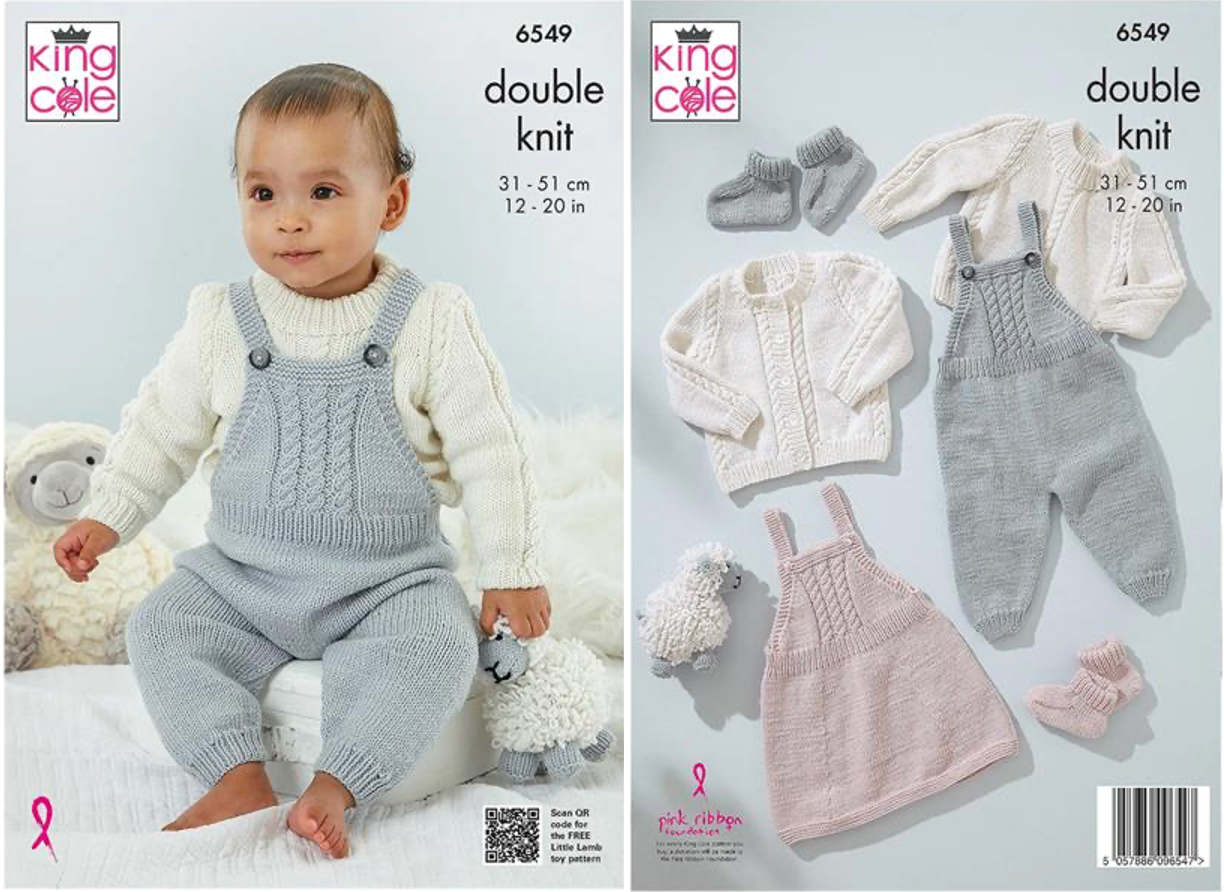 King Cole Pattern 6549 Dungarees, Pinafore, Sweater, Cardigan and Bootees DK