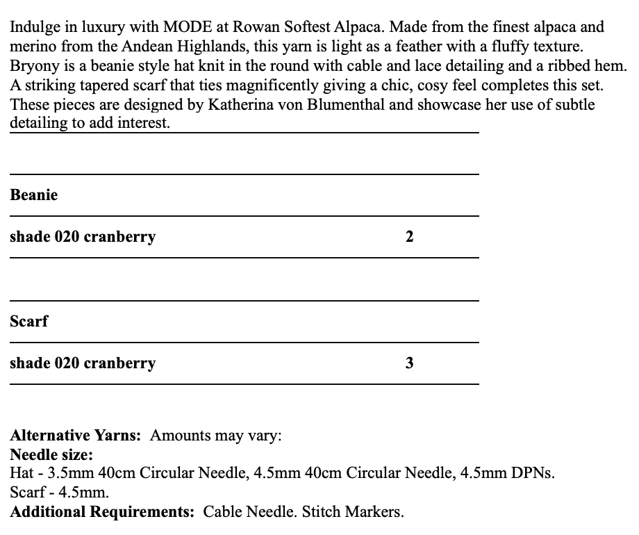 MODE at Rowan Pattern MIP74 - Briony Hat & Scarf in Softest Alpaca by Katharina Von Blumenthal