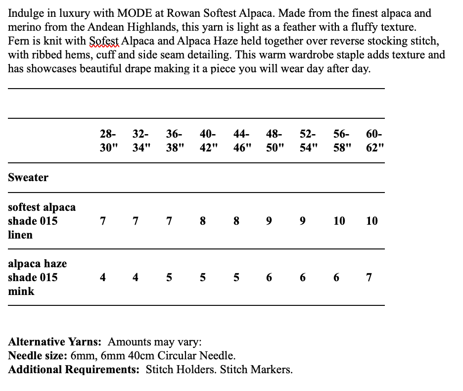MODE at Rowan Pattern MIP76 - Fern Sweater in Softest Alpaca & Alpaca Haze by Quail Studio