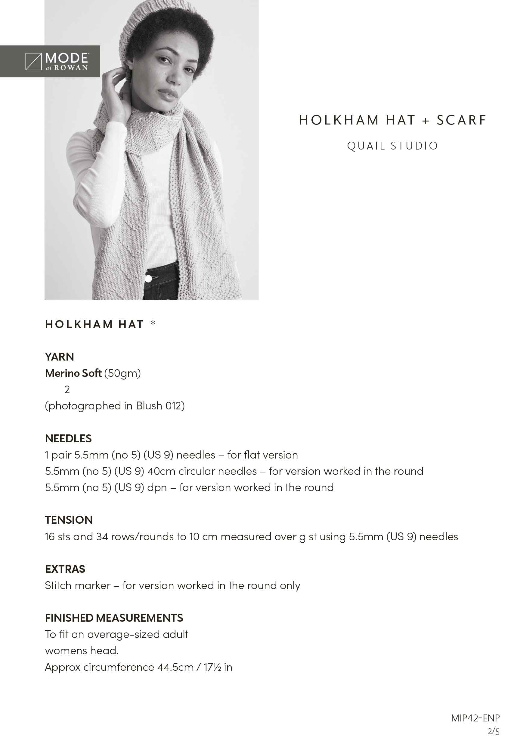 Mode at Rowan Merino Soft Pattern MIP42 - Holkham Hat + Scarf by Quail Studio