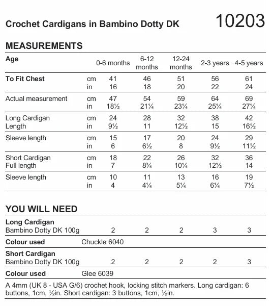 Stylecraft Pattern 10203 Crochet Cardigans in Bambino Dotty Baby DK
