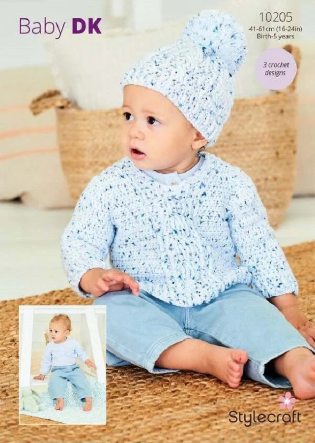 Stylecraft Pattern 10205 Crochet Sweater, Hat & Blanket in Bambino Dotty Baby DK