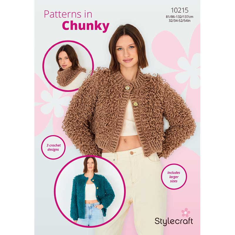 Stylecraft Pattern 10215 Crocheted Loopy Stitch Cardigans & Snood in Chunky