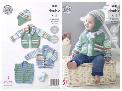 King Cole Pattern 5087 Jackets, Gilet and Hat in Cherish DK and Cherished DK
