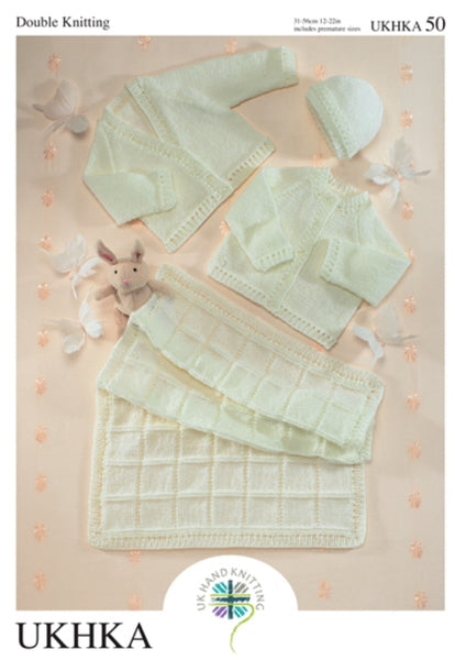 UKHKA Pattern 50 Baby cardigan, hat and blanket