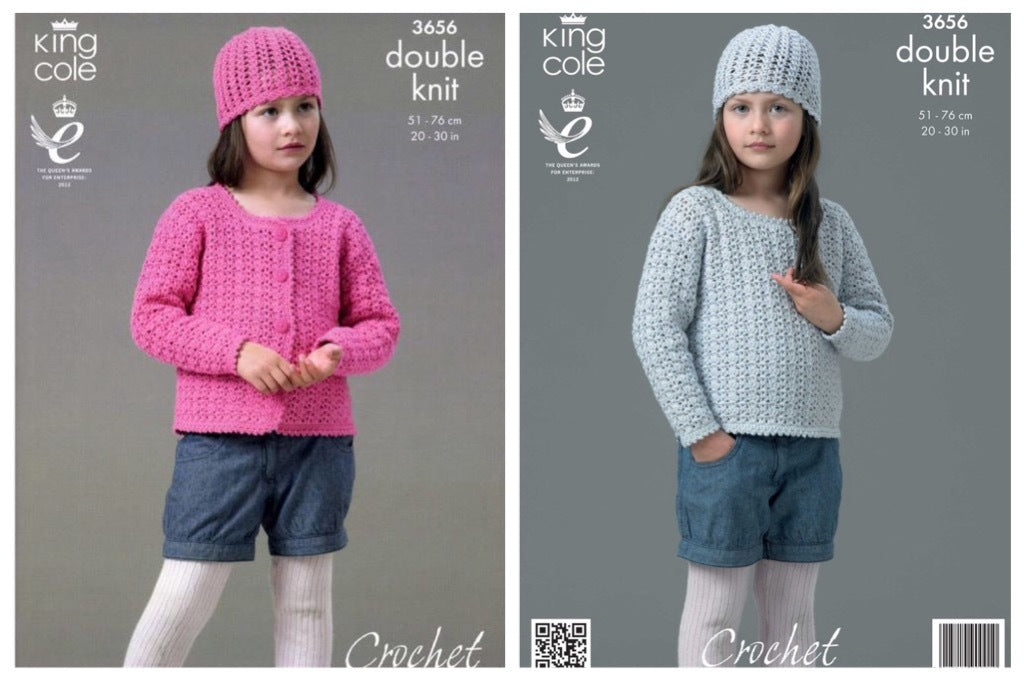 King Cole Pattern 3656 Kids Crochet Sweater & Hat in DK