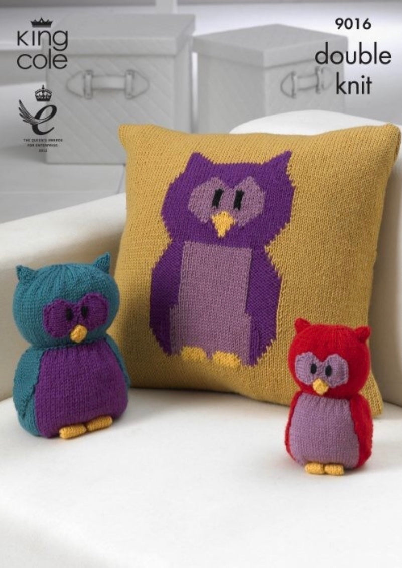 King Cole Pattern 9016 Owl Collection Toy, Doorstop & Cushion in Merino Blend DK