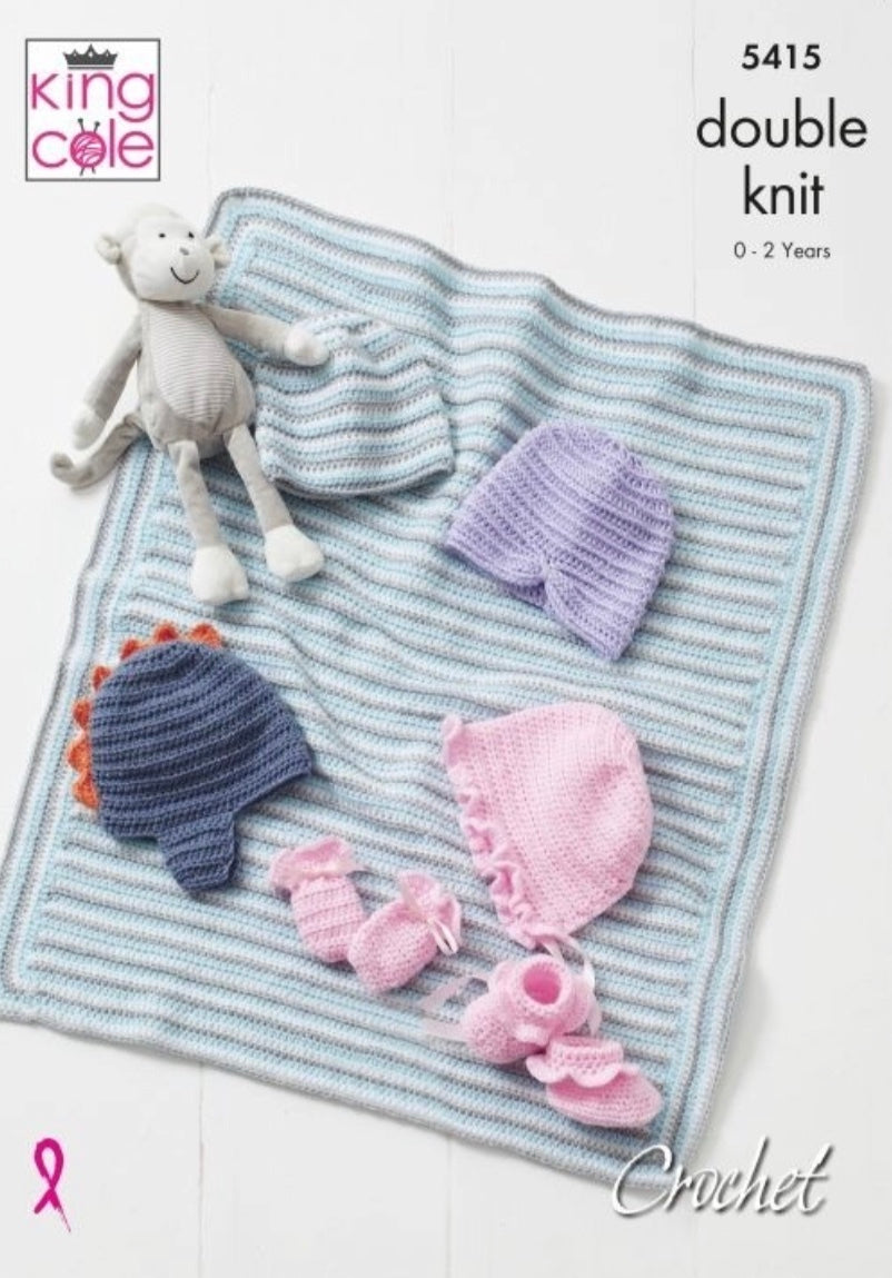 King Cole Pattern 5415 Crochet Baby Hat, Mitts, Booties and Blanket in Big Value Baby DK