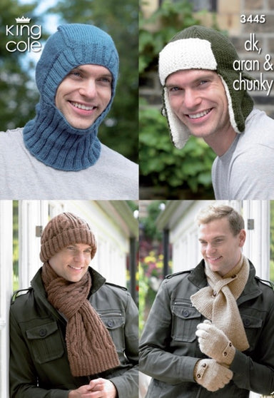 King Cole 3445 Mens Hats, Balaclava, Scarves and Gloves in DK, Aran and Chunky