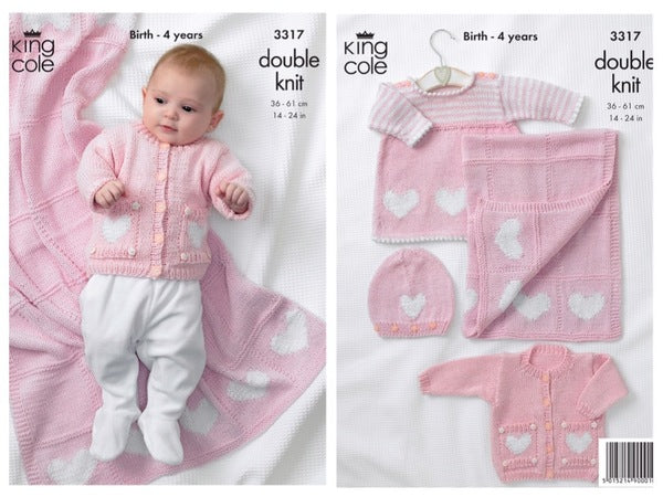 King Cole Pattern 3317 Baby "In The Pink" Cardigan, Dress, Hat and Blanket in Bamboo Cotton DK