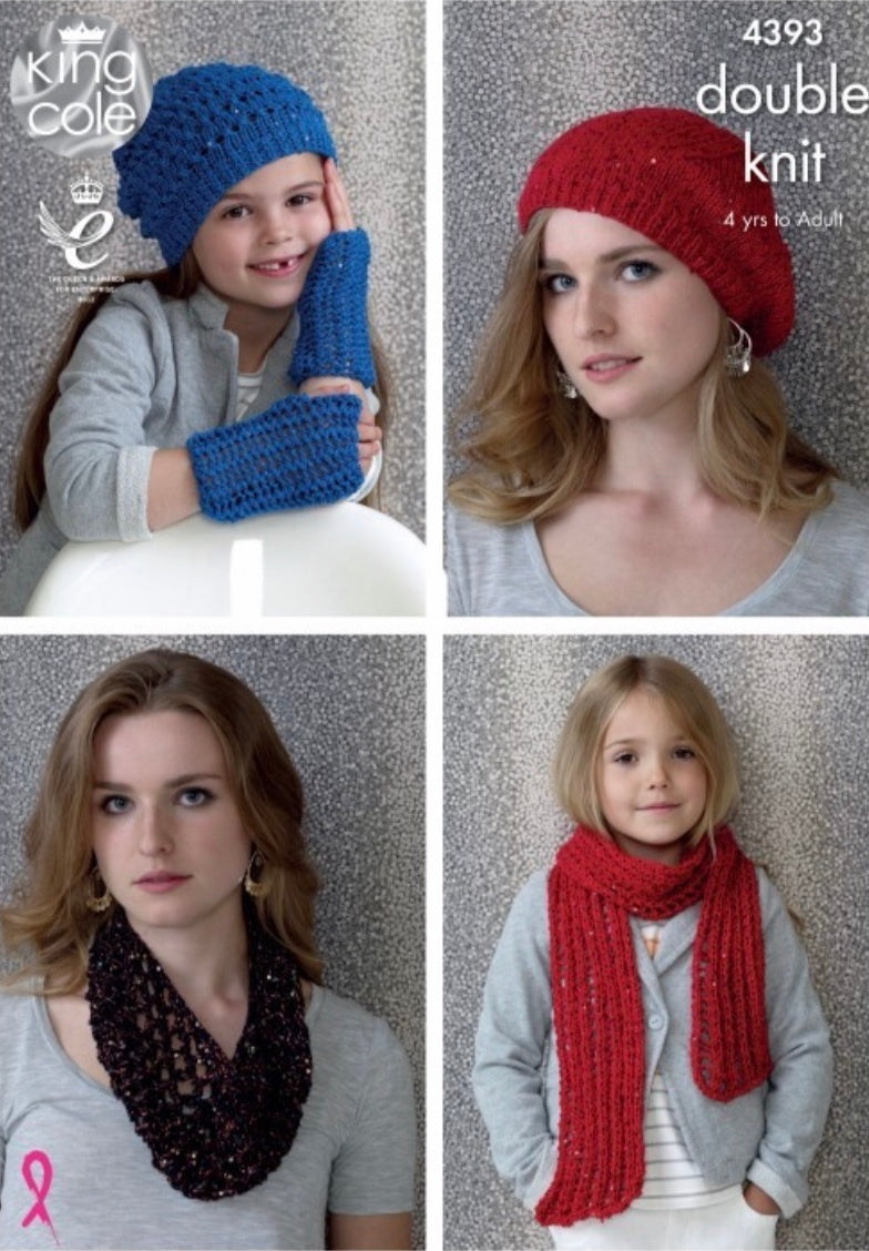 King Cole Pattern 4393 Hats, Scarf, Wristwarmers and Snood in Cosmos and Smooth DK