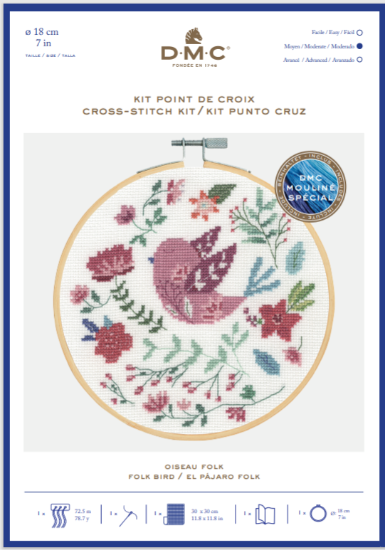 DMC Flowers & Birds – Folksy Feathered Friends Cross Stitch Kit - Pink Bird