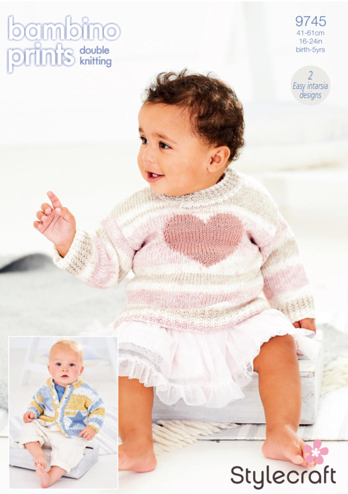 Stylecraft 9745 Jumper and Cardigan in Bambino Prints DK and Bambino DK