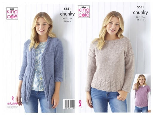 King Cole Pattern 5551 Cardigan, Sweater and Cap Sleeved Top in Timeless Chunky