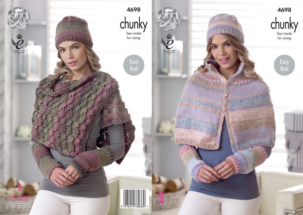 King Cole 4698 Cape/Poncho, Shoulder Wrap, Hat & Wristwarmers in Chunky