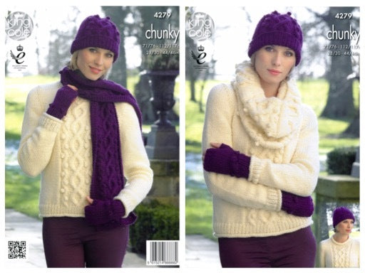 King Cole 4279 Sweater, Cowl, Hat, Scarf and Fingerless Gloves in New Magnum Chunky