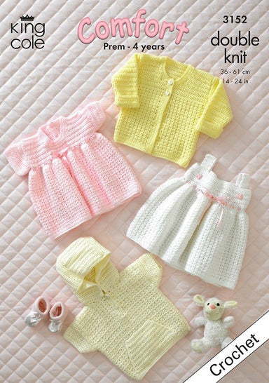 King Cole #3152 Crochet Baby Jacket, Cardigan and Dresses in DK