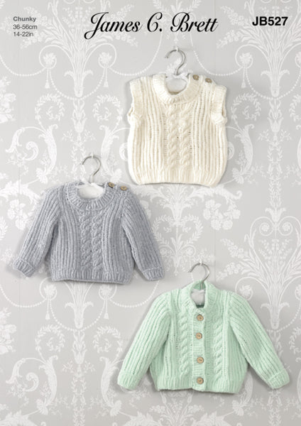 James C Brett Pattern JB527 Sweater, Cardigan and Slipover in Flutterby Chunky