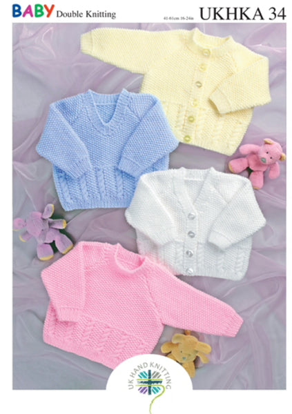 UKHKA Pattern 34 baby double knitting pattern cardigans and jumpers.