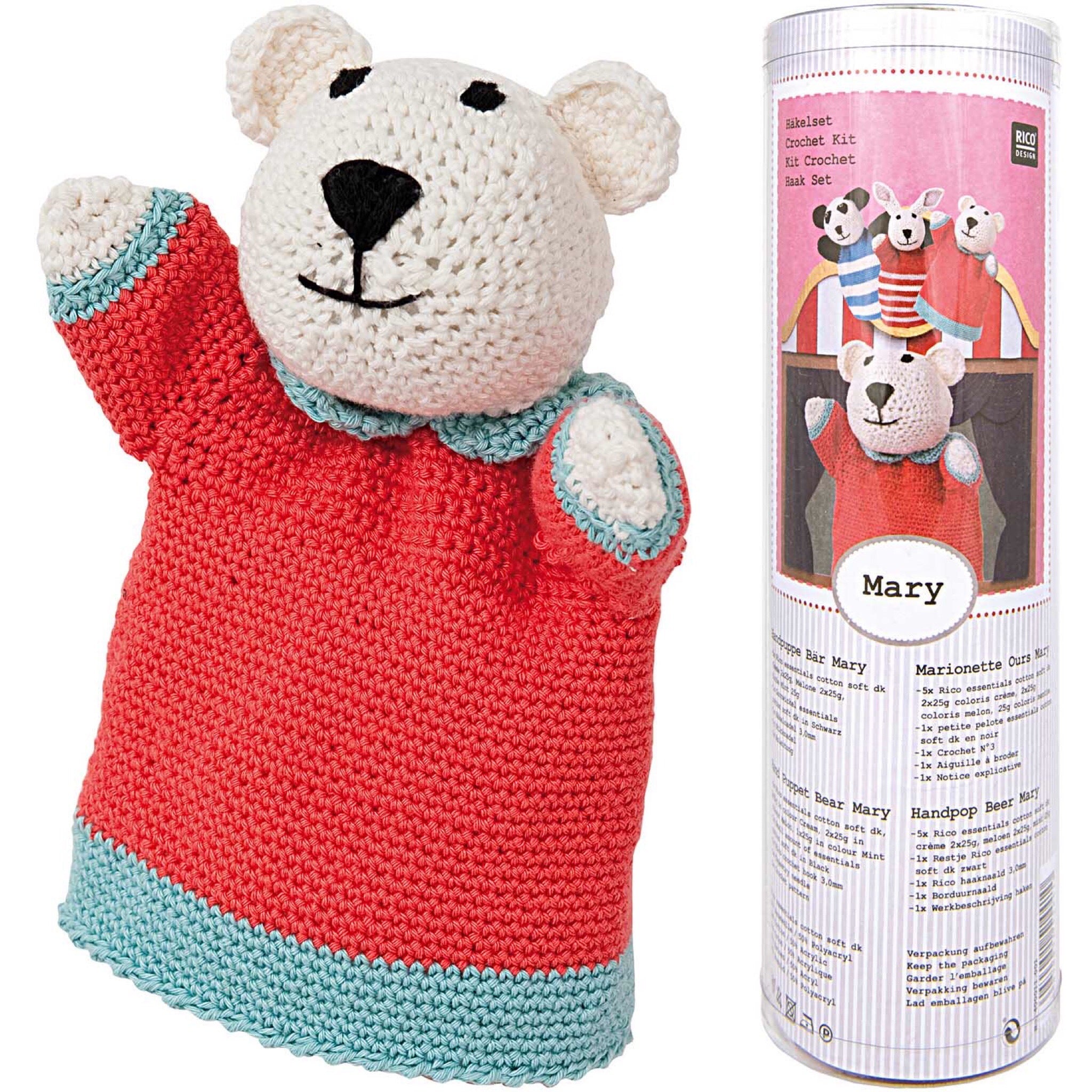 Mary crochet teddy hand puppet by Rico