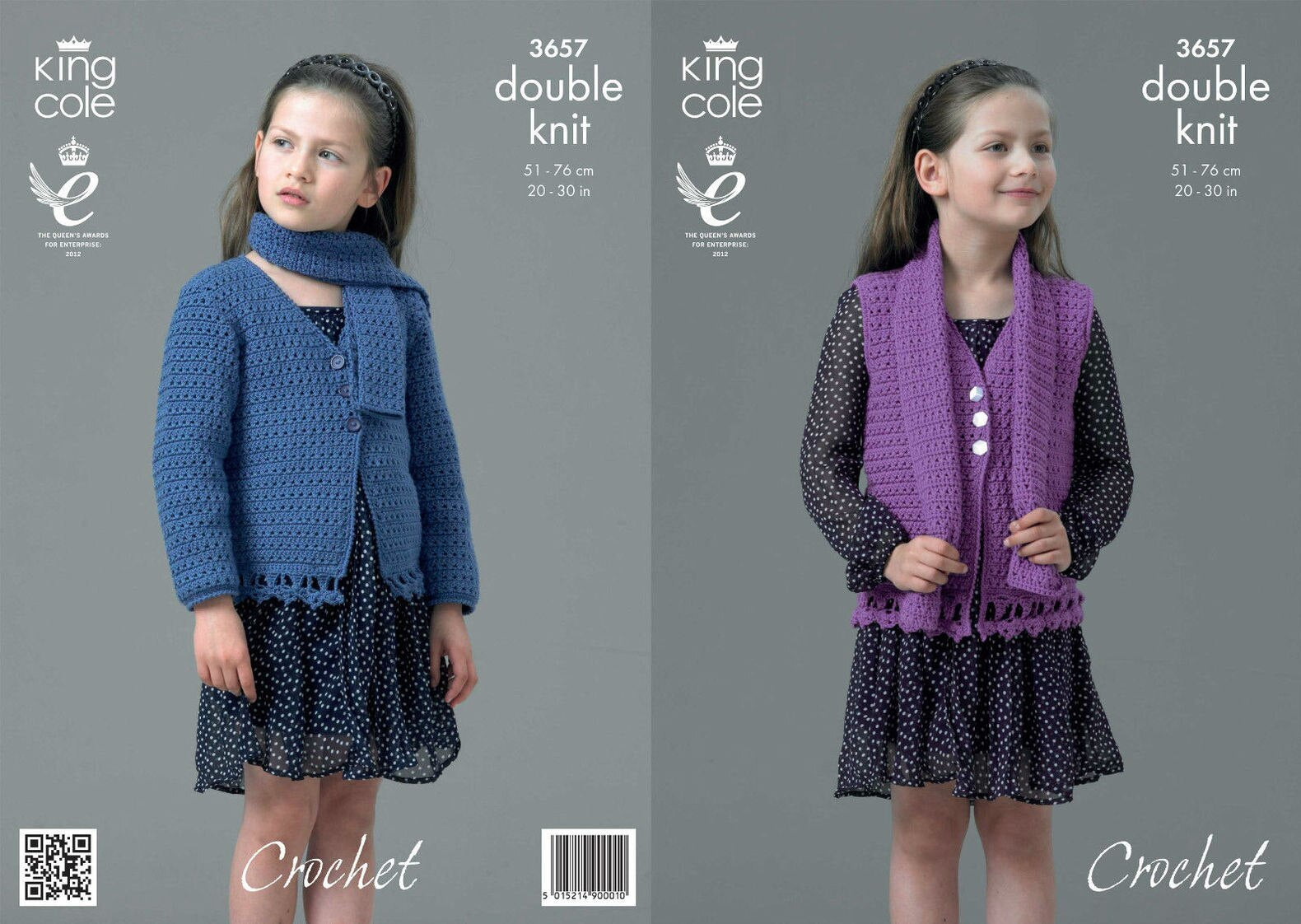 King Cole Pattern 3657 Girls Crochet Cardigan, Waistcoat & Scarf in DK