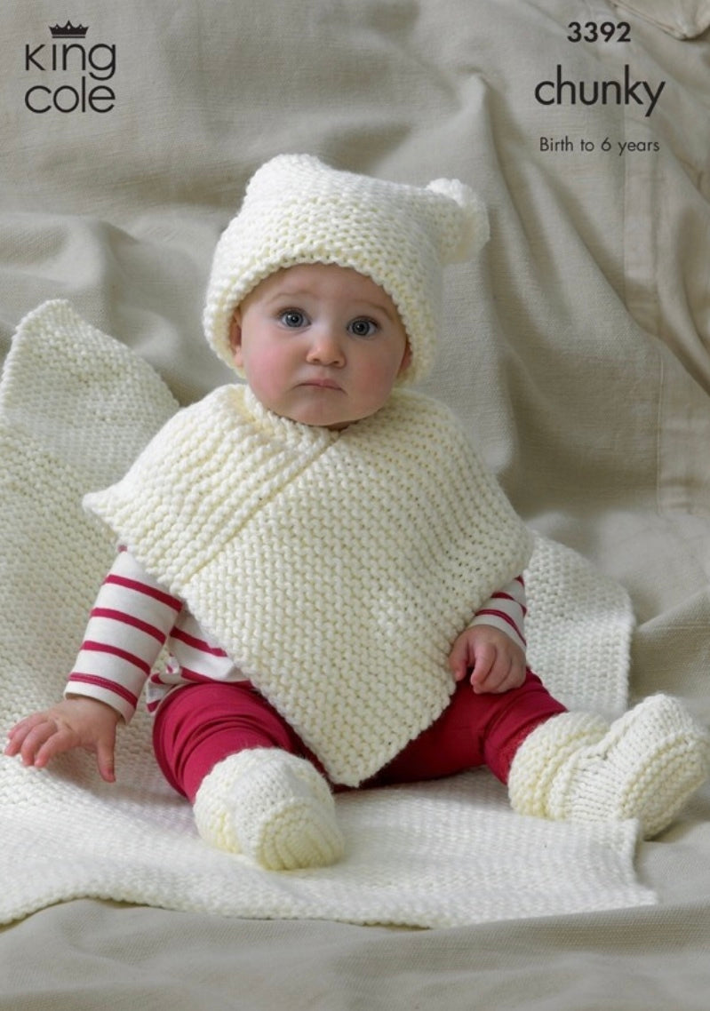 King Cole 3392 Babies Hat, Poncho, Bootees and Blanket in Comfort Chunky