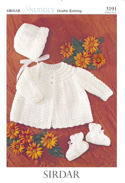 Sirdar Pattern 3191 Matinee coat, hat and booties in Snuggly DK