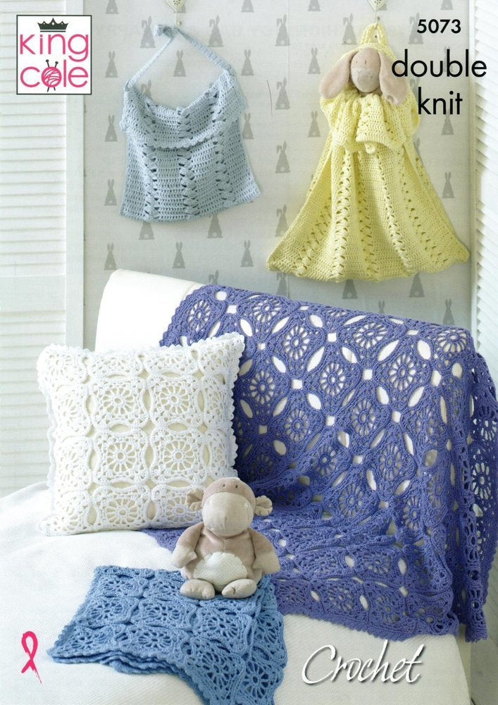 King Cole Pattern 5073 Crochet Pattern Blankets Cushion Toy Bag & Nappy Bag