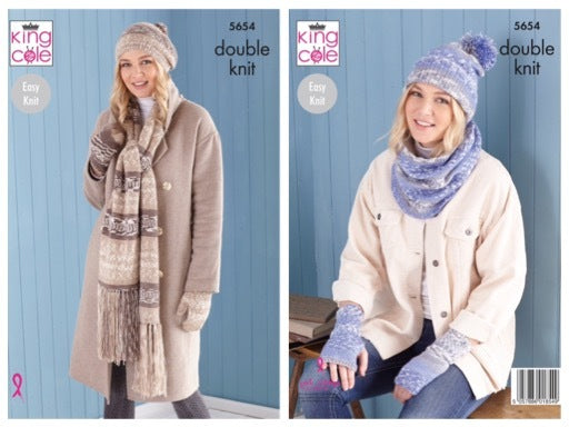 King Cole Pattern 5654 Scarf, Wristwarmers, Hats, Mitts and Snood in Fjord DK