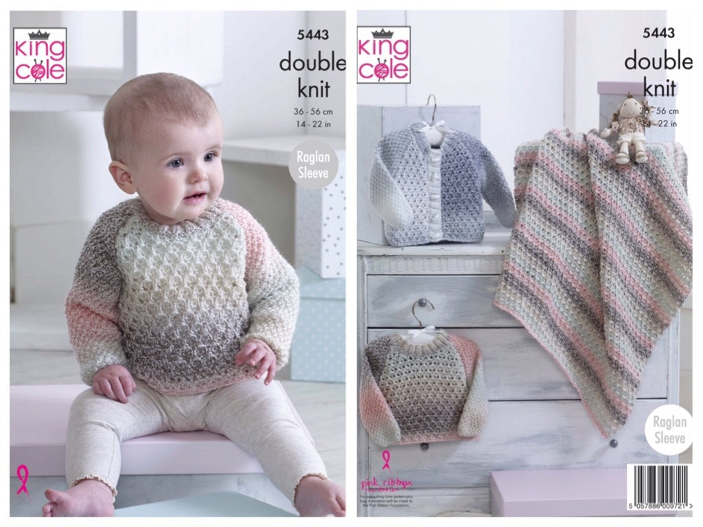 King Cole Pattern 5443 Sweater, Cardigan and Blanket in Melody DK