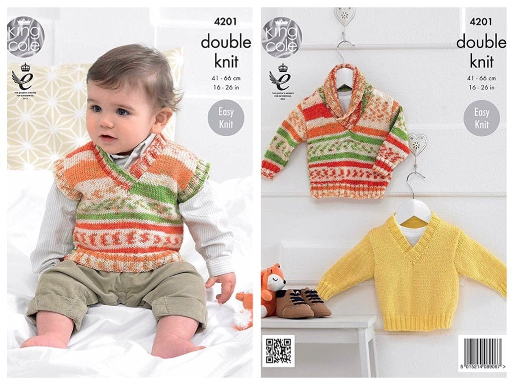 King Cole Pattern 4201 Baby Boys Sweaters and Tank Top in Cherish and Cherished DK