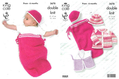 King Cole 3678 Sleeping bag, Jacket, Cardigan & Hat in DK