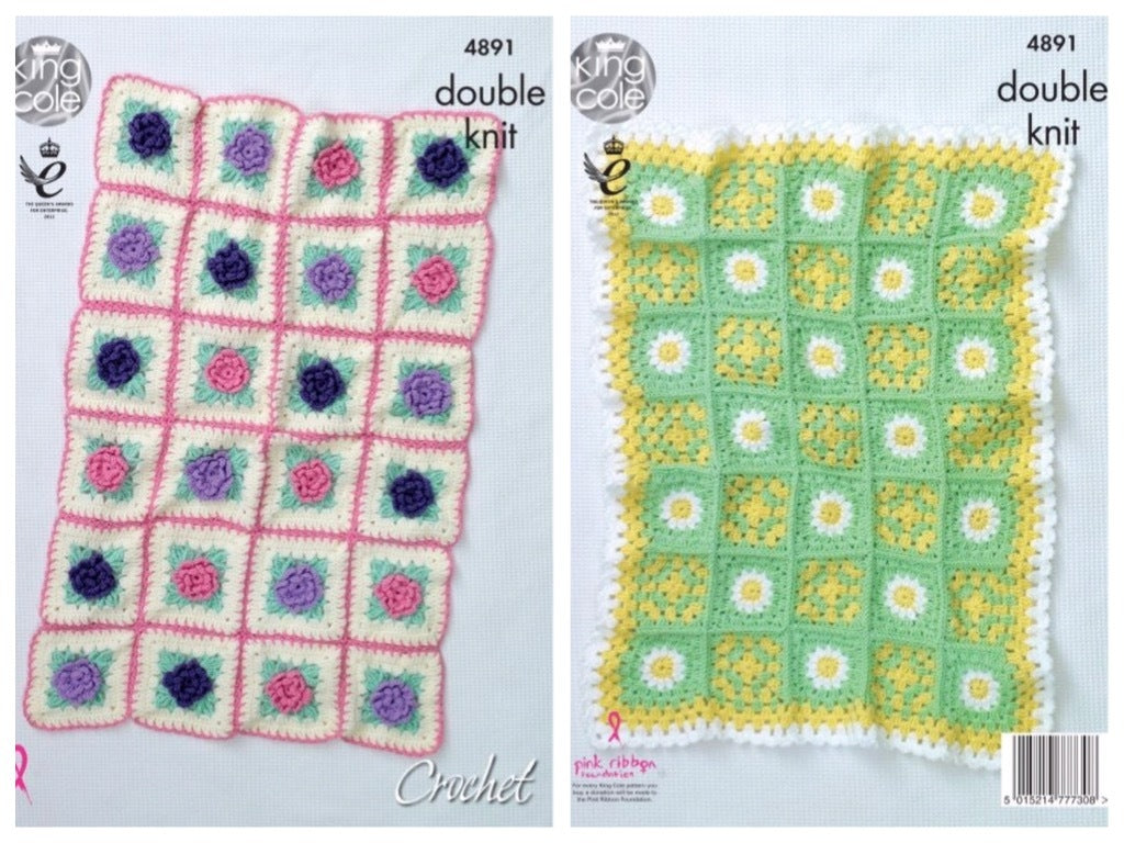 King Cole Pattern 4891 Crochet Floral Motif Blankets in Cherish DK