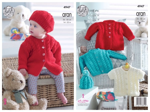 King Cole Pattern 4947 Jackets, Hats and Short Sleeved Cardigan in Comfort Aran