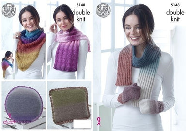 King Cole Pattern #5148 Mittens, Scarf, Square & Round Cushions, Lace Wrap & Triangular Wrap Knitted in Curiosity DK