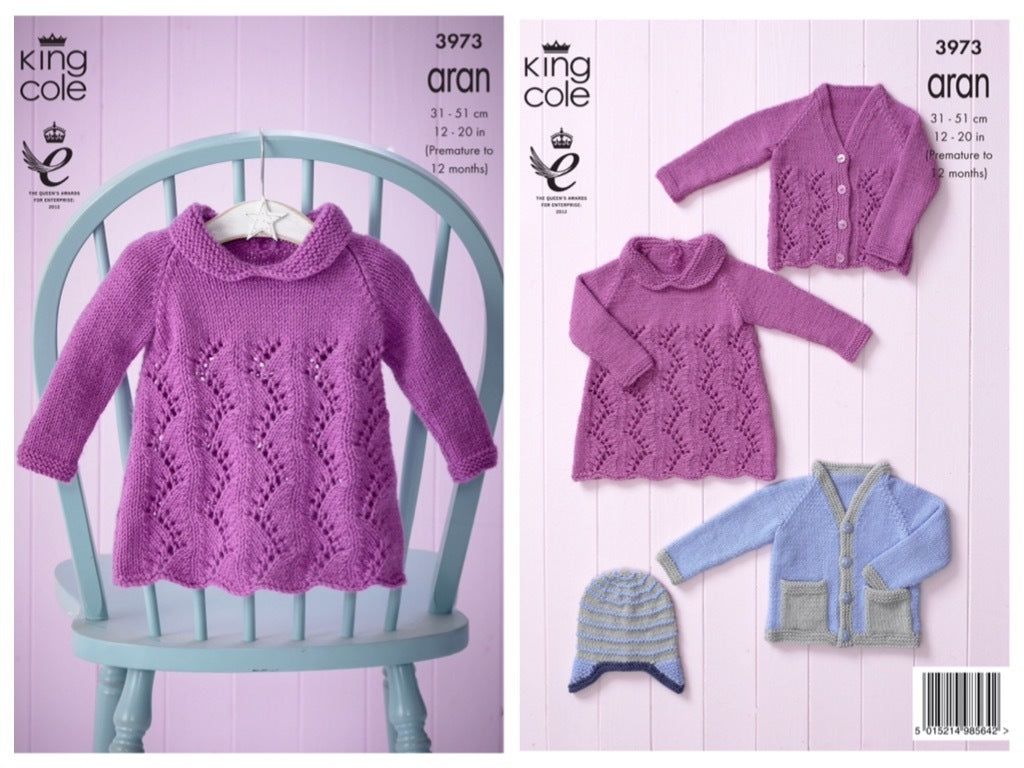 King Cole Pattern 3973 Baby Dress, Cardigans and Hat in Comfort Aran