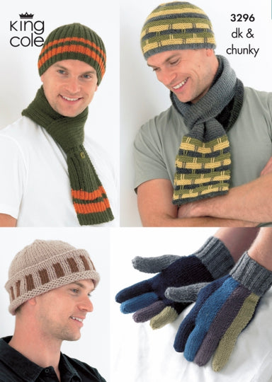King Cole 3296 - Men's Hats, Scarves and Gloves in DK and Chunky