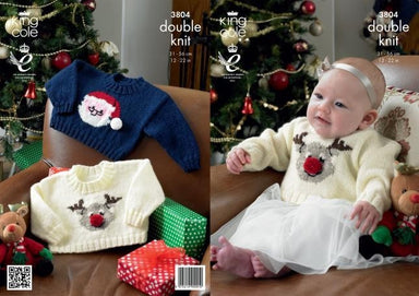 King Cole #3804 Reindeer & Santa Claus Baby Christmas Sweaters in DK