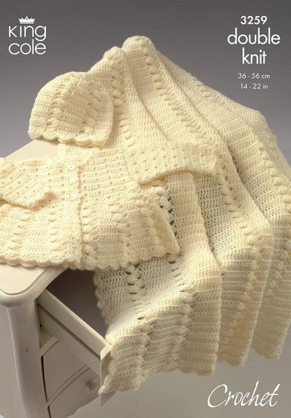 King Cole Pattern 3259 Crochet Coat Shawl & Hat in DK