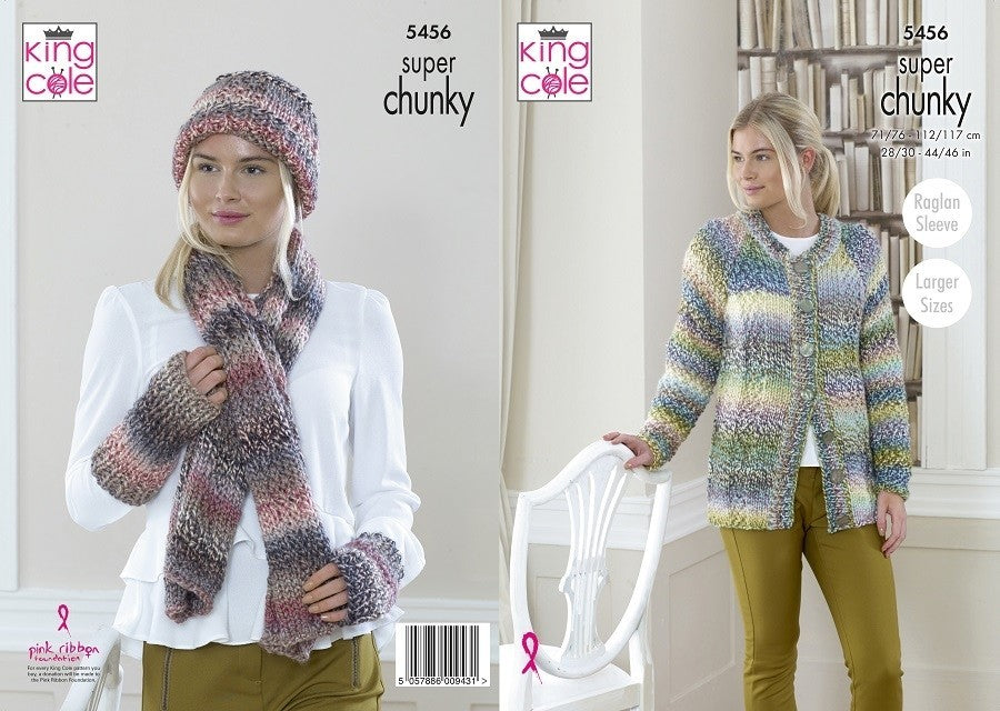 King Cole Pattern 5456 Cardigan, Hat, Scarf & Wrist Warmers in Explorerer Super Chunky