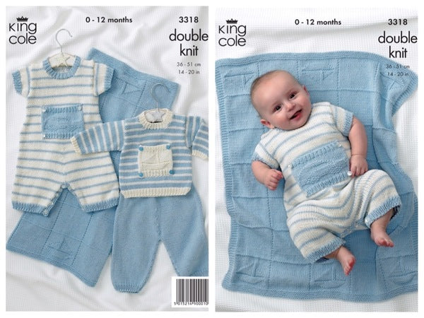 King Cole Pattern 3318 Baby "Little Boy Blue" Sweater, Pants, Romper and Blanket in Bamboo Cotton DK