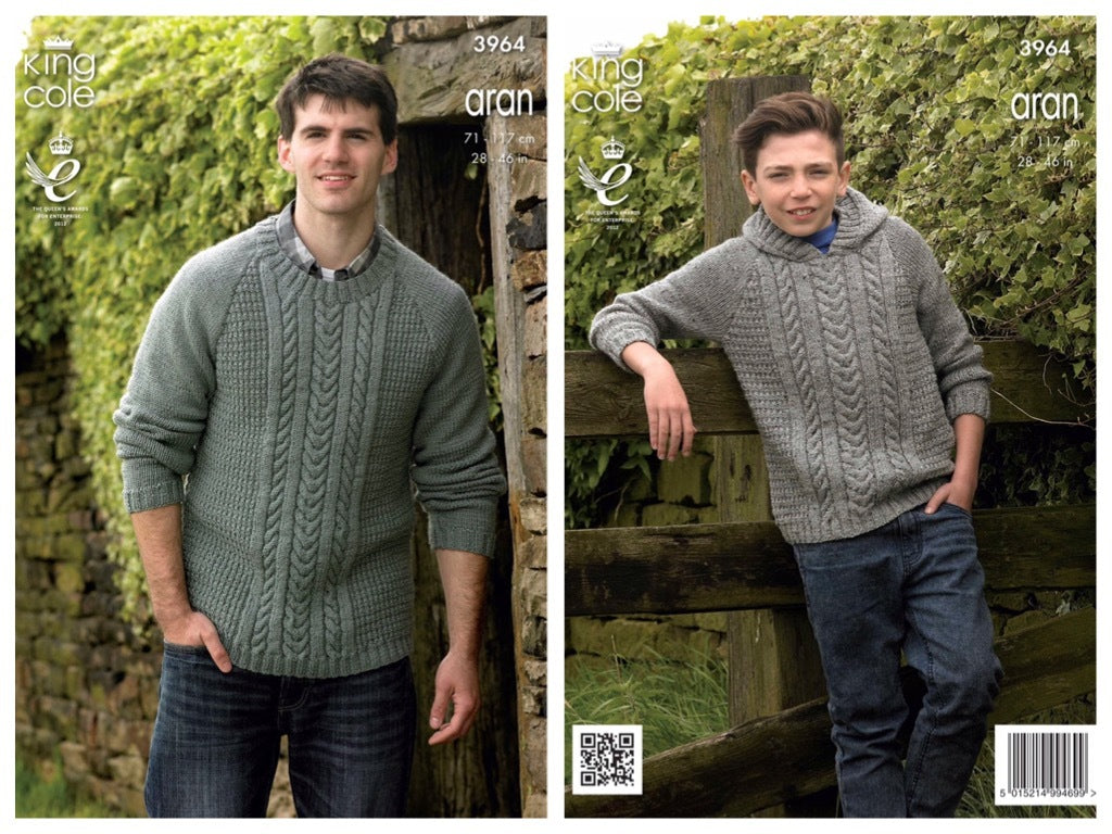 King Cole Pattern 3964 Boys and Mens Sweater and Hoodie in Aran