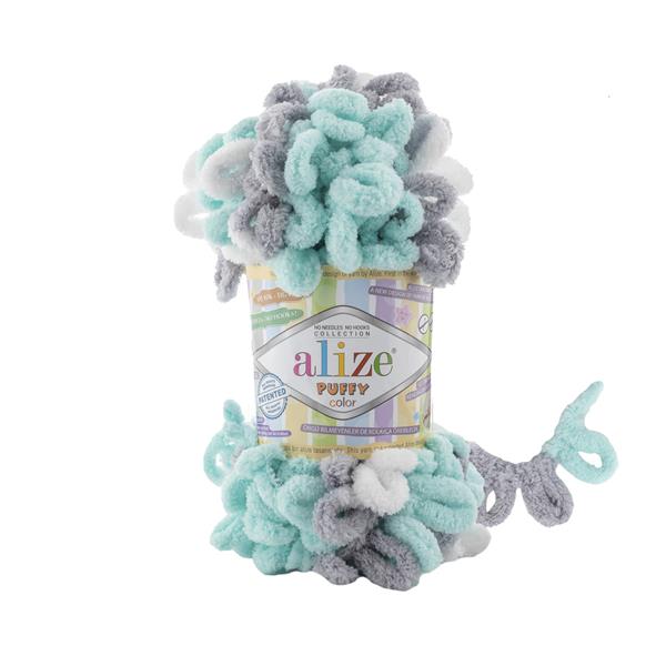 Alize Puffy - Finger Knitting Yarn - Grey white & mint 6408