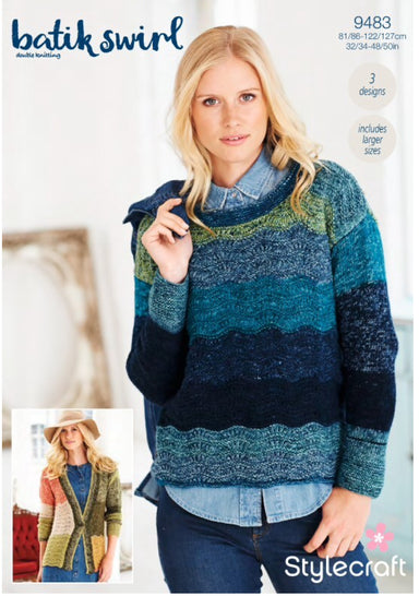 Stylecraft 9483 Sweater, Cardigan and Cowl in Batik Swirl DK