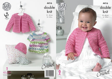 King Cole #4416 Crochet Dress, Cardigan & Hat in DK
