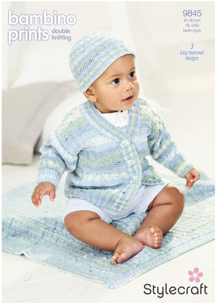 Stylecraft Pattern 9845 Cardigan, Hat and Blanket in Bambino Print DK