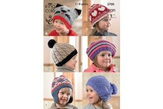 King Cole Pattern 3700 Childrens Hats in Aran