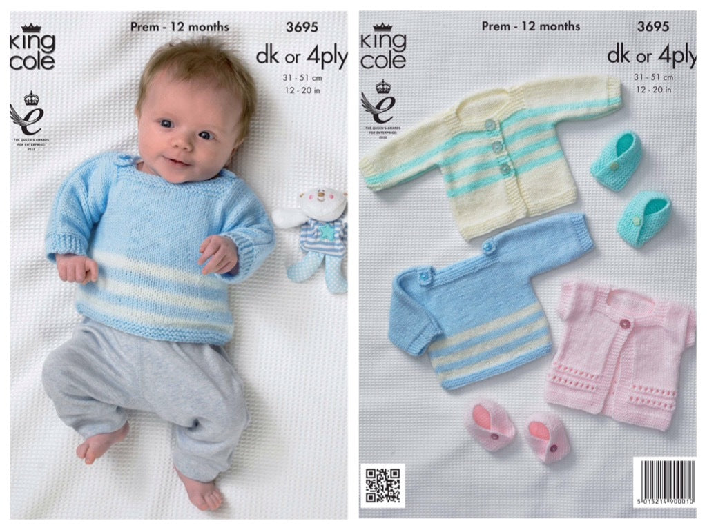 King Cole Pattern 3695 Baby Jacket, Sweater, Gilet and Moccasins in DK/4Ply